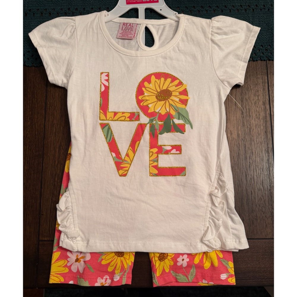 Real Love Girls Sunflower Love Graphic Tee and Floral Bike Shorts Set Size 5/6